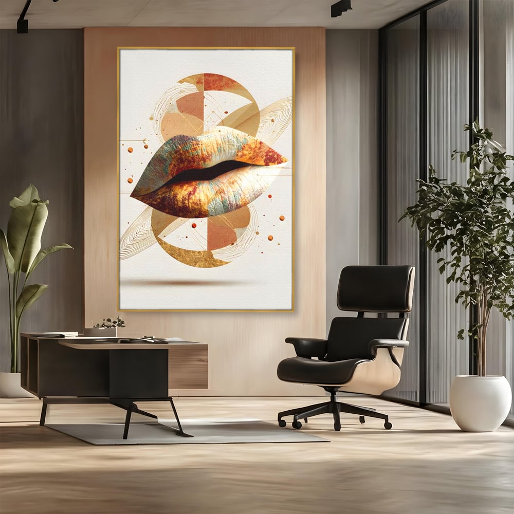 Tablou canvas cu tablou canvas cu buze aurii si forme geometrice, in rama de aluminiu auriu, pe perete intr-un birou